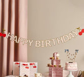 Rococo Cherries Happy Birthday Paper Banner, Pink Red Party Garland 2.5 m