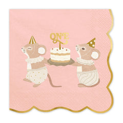 PartyDeco Pink 1st Birthday Party Mice Napkins 12 Pack, Pack of 12