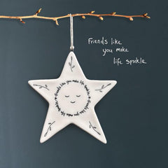 White Porcelain Star Hanging Decoration, Friends Make Life Sparkle Home Gift