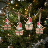 Wooden Birds on Presents Christmas Hanging Decorations for Rustic Festive Homes, Pack of 8
