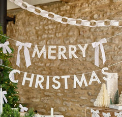White Gold Merry Christmas Card Banner with Velvet Bows for Festive Home Decor 2m