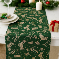 Green Gold Christmas Stocking Velvet Table Runner 3m for Festive Dining Tables