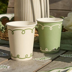 Botanical Paper Cups Green White Party Tableware (Pack of 8, 7.5cm)