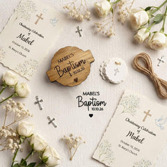 Personalised Baptism Rubber Stamp - Custom Name and Date Rustic Celebration Craft