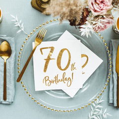 70th-birthday-white-party-paper-napkins-x-20-gold-text|SP33-77-70-008|Luck and Luck| 1