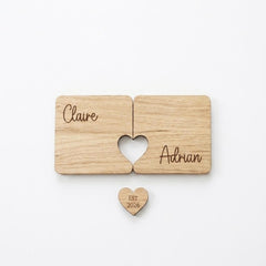 Personalised Couples Coaster with Heart Token, Names and Date Wedding Keepsake Gift
