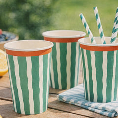 Santex Green Striped Paper Party Cups Disposable ( 27 cl), Pack of 6