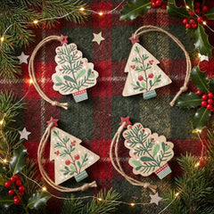 Wooden Christmas Tree Hanging Decorations for Rustic Festive Home Decor, Pack of 8