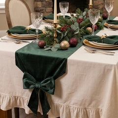 Green Velvet Christmas Table Runner with Knotted Bow Ends for Festive Dining, 240 cm
