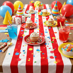 Red & White Polyester Birthday Party Table Runner Fabric Table Decoration (28 cm x 300 cm)