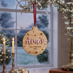 Personalised Baby's First Christmas Bauble, Oak Hanging Tree Decoration Keepsake