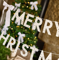 White Gold Merry Christmas Card Banner with Velvet Bows for Festive Home Decor 2m