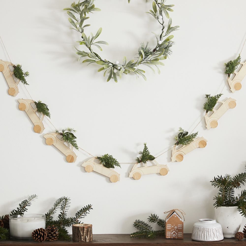 wooden-car-shaped-bunting-car-with-foliage-christmas-decoration-2m|LS-516|Luck and Luck| 1