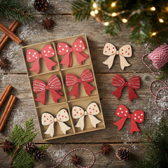 Red Wooden Christmas Bows for Rustic Festive Decorating - Pack of 18