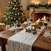 Holly Leaves Table Runner, Cream and Gold Muslin 28cm x 3m