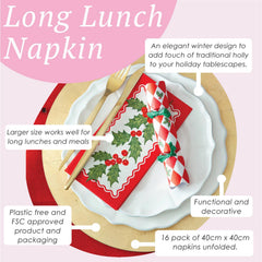 Holly Christmas Lunch Paper Napkins Red Green Festive Party Tableware Set of 16