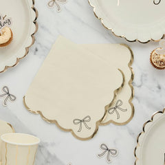 Gold Bow Scallop Paper Napkins Birthday Tableware, Pack of 16 - 16.5 cm