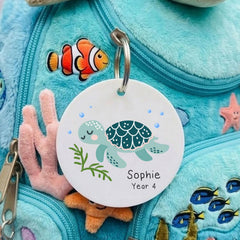 Personalised Turtle Acrylic Kids School Bag Name Tag Keyring Gift for Children