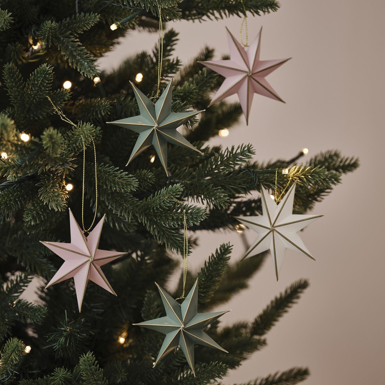 paper-star-tree-decorations-with-gold-trim-x-5-blush-sage-cream|BLN-122|Luck and Luck| 1