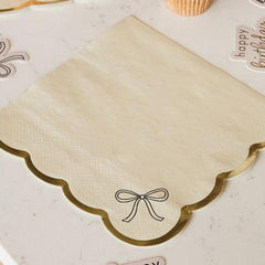 Gold Bow Scallop Paper Napkins Birthday Tableware, Pack of 16 - 16.5 cm