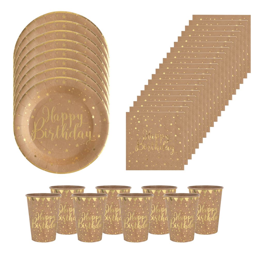 rustic-brown-and-gold-happy-birthday-party-pack-plates-napkins-cups|KRAFTBDPP|Luck and Luck| 1