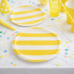 Yellow & White Striped Paper Birthday Party Plates Disposable Tableware (Pack of 6, 23 cm)