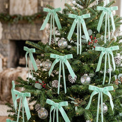 Green Velvet Christmas Bows Festive Present Home Tree Decorations Styling Set of 8