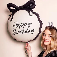 Happy Birthday Foil Balloon Round Cream Black Party Decoration 45cm
