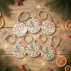 Wooden Leaf and Berry Christmas Hanging Decor for Rustic Festive Homes, Pack of 8
