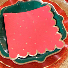 Red Gold Star Christmas Paper Napkins Scalloped 3-Ply Festive Tableware Set of 16