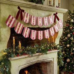 Pink Red Merry Christmas Card Banner with Velvet Bows for Festive Home Decor 2m