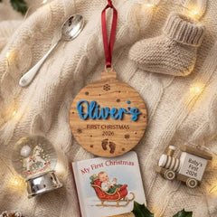Personalised Baby's First Christmas Bauble, Oak Baby Feet Hanging Tree Ornament