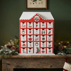 Wood Christmas Advent Calendar House Mice 25 Mini Drawers Red White Festive Decor