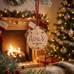 Personalised Baby's First Christmas Bauble, Oak Hanging Tree Decoration Keepsake