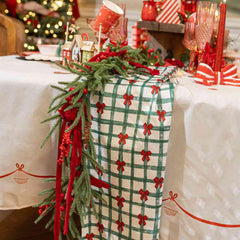 Green Bows Squares Christmas Polyester Table Runner Festive Holiday Dining Table Decor 3m
