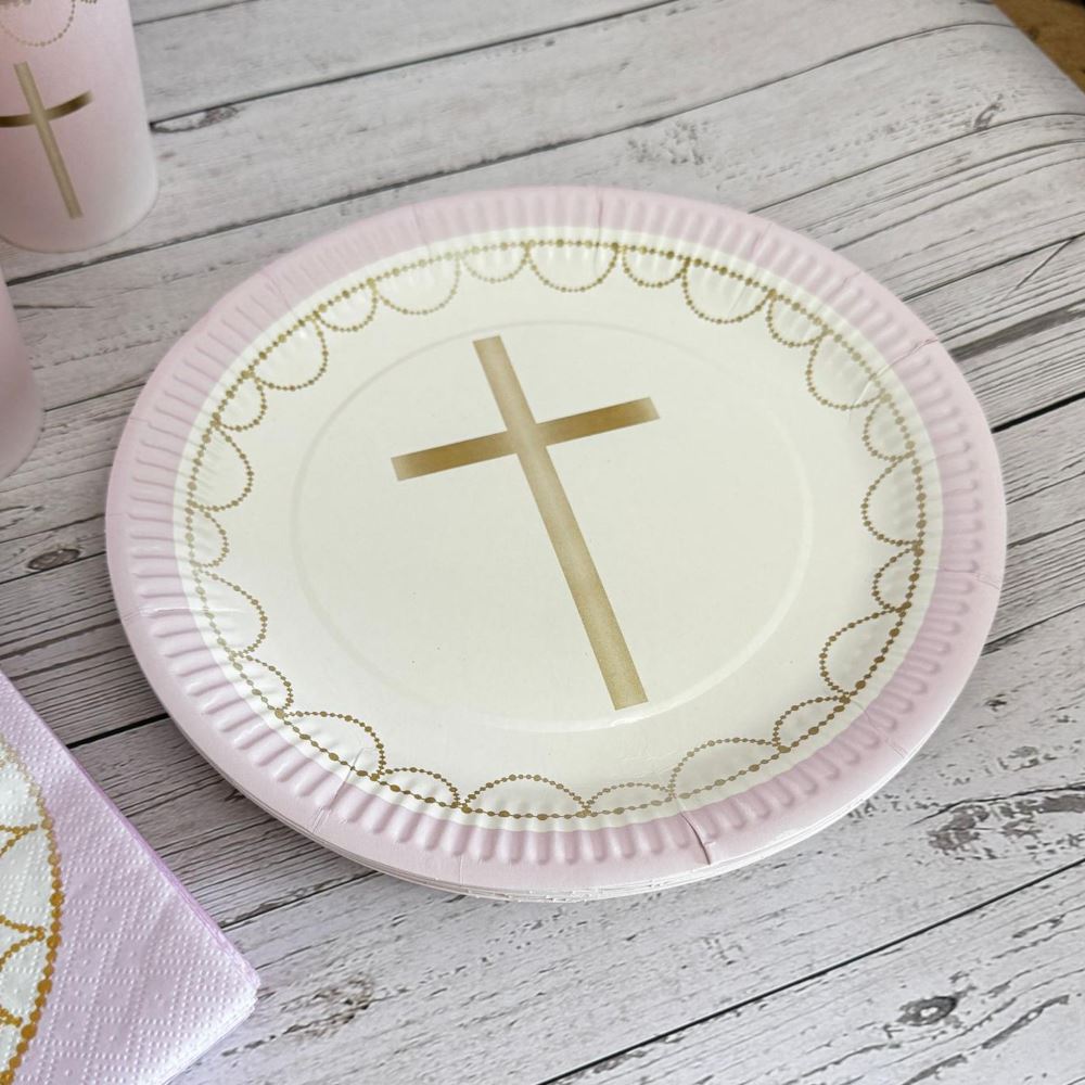 pink-cross-paper-plates-x-8-christening-baptism-confirmation|9915965-66|Luck and Luck| 1