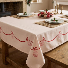 Pink Christmas Tablecloth with Red Bow Edge for Festive Holiday Table Styling 2.4m