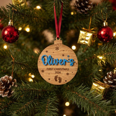 Personalised Baby's First Christmas Bauble, Oak Baby Feet Hanging Tree Ornament