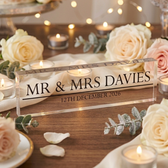 Personalised Mr & Mrs Acrylic Block – Modern Wedding Keepsake with Custom Name & Date