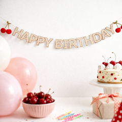 Rococo Cherries Happy Birthday Paper Banner, Pink Red Party Garland 2.5 m