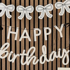Happy Birthday Card Banner White Black Satin Bows Party Decoration (200cm)