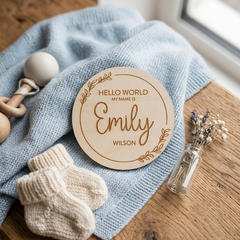 Personalised Wooden Welcome to the World Baby Name Announcement Disc Gift (10 cm)