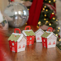 Christmas House Paper Favour Containers Red Green Festive Party Boxes Set of 8