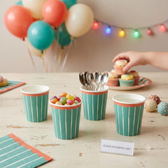 Green Striped Small Paper Party Cups for Birthdays and Celebrations (Pack of 10)