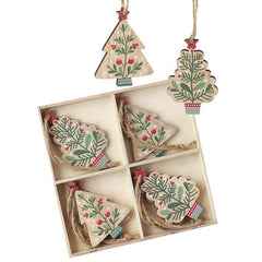 Wooden Christmas Tree Hanging Decorations for Rustic Festive Home Decor, Pack of 8