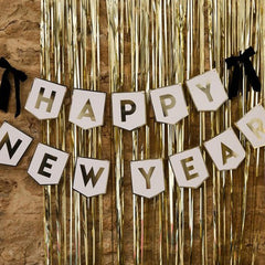 Gold Black Happy New Year Flag Banner with Velvet Bows for Festive Party Decor 2m