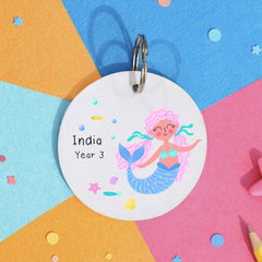 Personalised Mermaid Acrylic Kids School Bag Name Tag Keyring Gift for Children