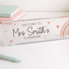 Personalised Welcome To Classroom Rainbow Acrylic Block – Custom Name School Gift