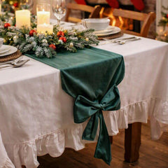 Green Velvet Christmas Table Runner with Knotted Bow Ends for Festive Dining, 240 cm