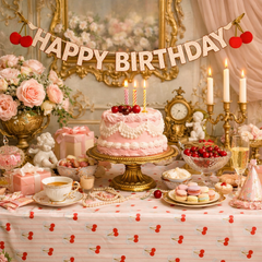 Rococo Cherries Happy Birthday Paper Banner, Pink Red Party Garland 2.5 m